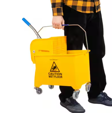 Mind Reader 5.5 Gal. Yellow Plastic Mop Bucket with Wringer Floor Cleaning, Handle, Wheels, 16.25 in. L x 10.75 in. W x 24.5 in. H
