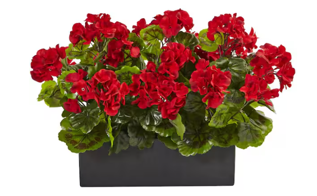 Nearly Natural Artificial Indoor/Outdoor UV Resistant Red Geranium Silk Plant in Rectangular Planter