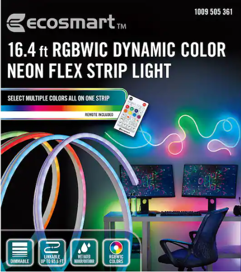 EcoSmart 16.4 ft. RGBWIC Dynamic Color Changing Dimmable Linkable Plug-In LED Neon Flex Strip Light with Remote Control