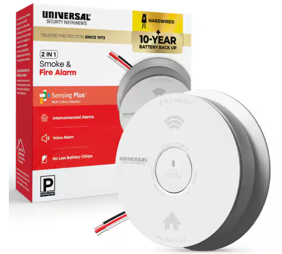 Universal Security Instruments Hardwired and 10-Year Battery Backup Smoke Detector with Photoelectric Sensor and Voice Alert