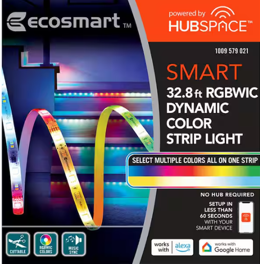 EcoSmart 32.8 ft. Smart RGBWIC Dynamic Color Changing Dimmable Plug-In LED Strip Light Powered by Hubspace