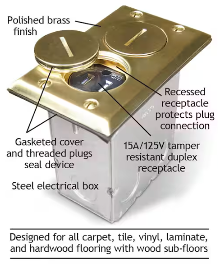 RACO 3-1/4 in. L x 5-1/4 in. W x 4-3/4 in. H Steel Brass 1-Gang Rectangular Floor Box Kit, 1-Pack