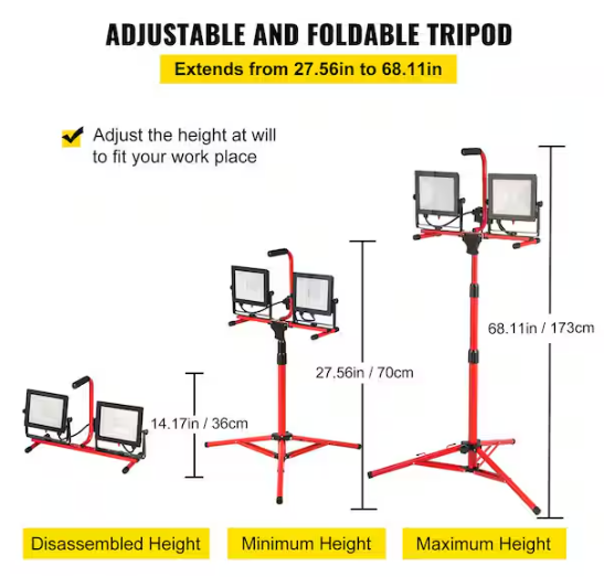 SVOPES LED Work Light with Stand, 10000 Lumen Dual-Head, 27.6 in. 68.1 in. Adjustable Tripod, IP65 Waterproof, 5000K