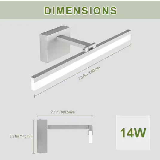 JUSHENG 23.62 in. 1 Light Silver LED Vanity Light Bar with Aluminum Frosted Dimmable 5500K Light