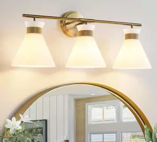 KAISITE 26.4 in. 3-Light Brushed Gold Vanity Light with Milk White Glass Shade Modern Bathroom Light Fixture