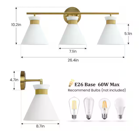 KAISITE 26.4 in. 3-Light Brushed Gold Vanity Light with Milk White Glass Shade Modern Bathroom Light Fixture