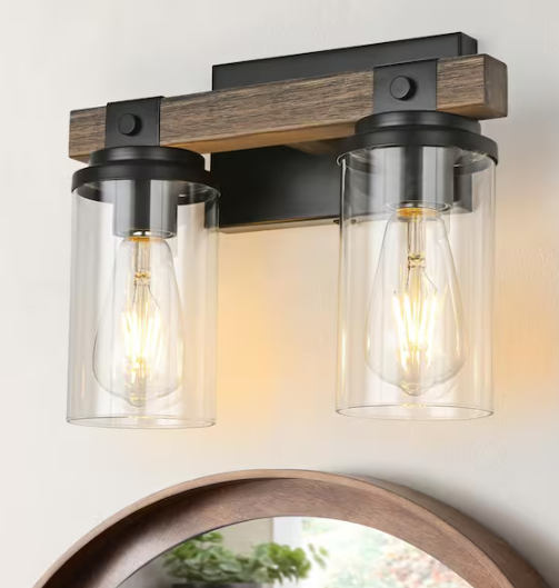 GoYeel 12. 6-in. 2-Lights Black and Brown Wood Farmhouse Vanity Light with Glass Shades
