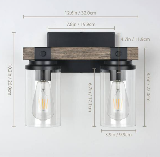 GoYeel 12. 6-in. 2-Lights Black and Brown Wood Farmhouse Vanity Light with Glass Shades