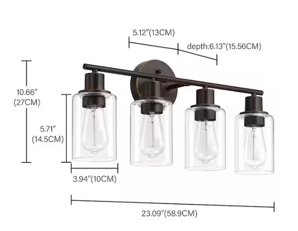 Uixe 23.09 in. 4-Light Oil Rubbed Bronze Bathroom Vanity Light with Clear Glass Shades