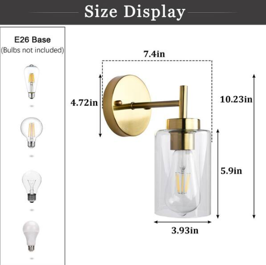 ADSENSTY 7.4 in. 1-Light Gold Modern Dimmable Wall Sconce Bathroom Vanity-Light with Clear Glass Shade (Set of 2)