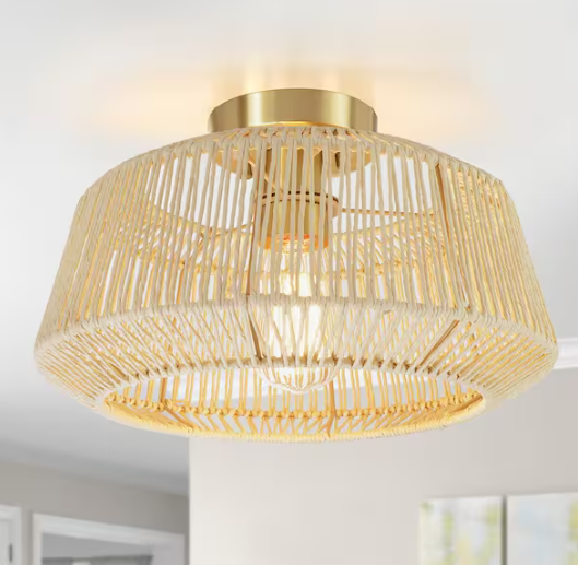 Prime Ray Ember 14 in. 1-Light Bohemian Rattan Semi-Flush Mount Ceiling Light with Brass Accents, Versatile and Warm Decor