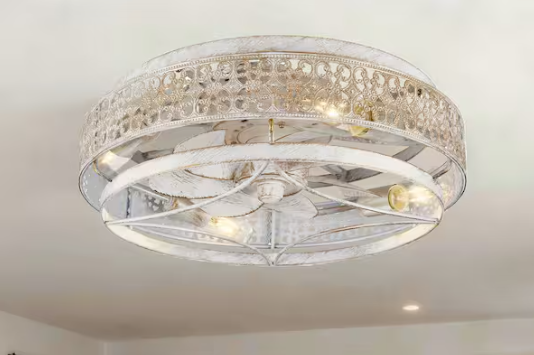 ARISKEEN 18 in. Indoor Caged Ceiling Fan with Light, Low Profile Flush Mount Ceiling Fan with Remote Control(No Bulb)-White
