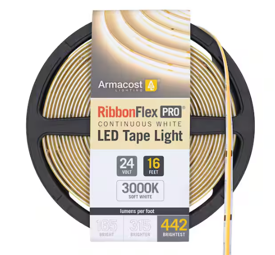 Armacost Lighting RibbonFlex Pro 24V White COB 16.4 ft. Dimmable Cuttable Integrated LED Strip Light Tape 3000K, 442 Lumens/Ft