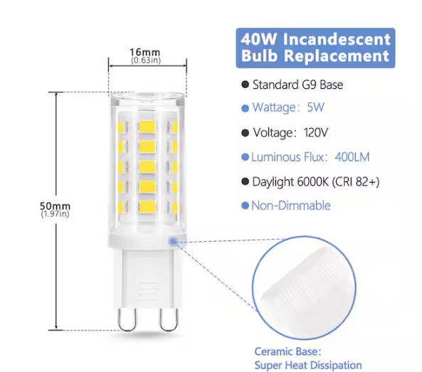 YANSUN 40-Watt Equivalent Non-Dimmable G9 LED Light Bulb in Daylight White 6000K,Led Chandelier Bulbs (5-Pack)