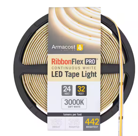 Armacost Lighting RibbonFlex Pro 24V White COB 32.8 ft. Dimmable Cuttable Integrated LED Strip Light Tape 3000K, 442 Lumens/Ft