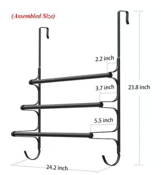 Wudkey 24.2 in. L 3-Bar Over The Door Towel Rack in Matte Black, Triple Towel Storage Holder with Hooks for Bathroom