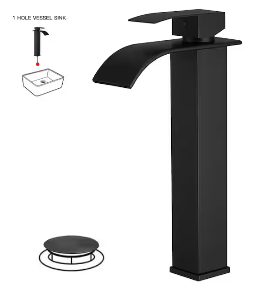 BWE Waterfall Single Hole Single Handle Tall Bathroom Vessel Sink Faucet With Supply Hose in Matte Black