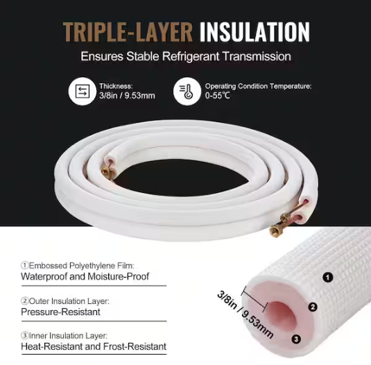 VEVOR 16 ft. Mini Split Line Set 1/4 in. and 3/8 in. O.D Copper Pipes Tubing and Triple-Layer Insulation for Air Conditioning