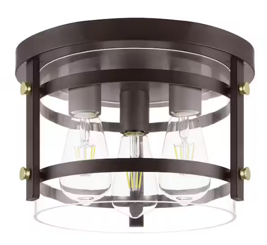 Hampton Bay Huxley 11.9 in. 3-Light Dark Bronze Flush Mount Ceiling Light with Clear Glass Shade