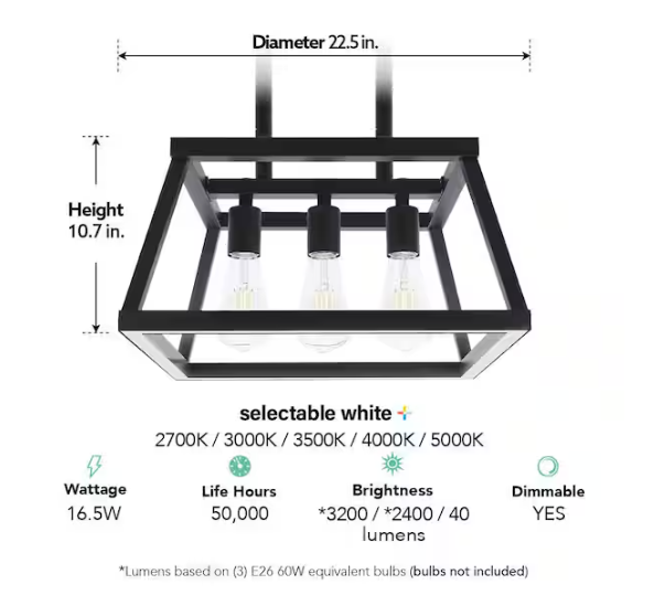 Feit Electric Katalyst 60-Watt 3-Light Matte Black Modern Adjustable CCT and 3-Light Modes Integrated LED Chandelier Light