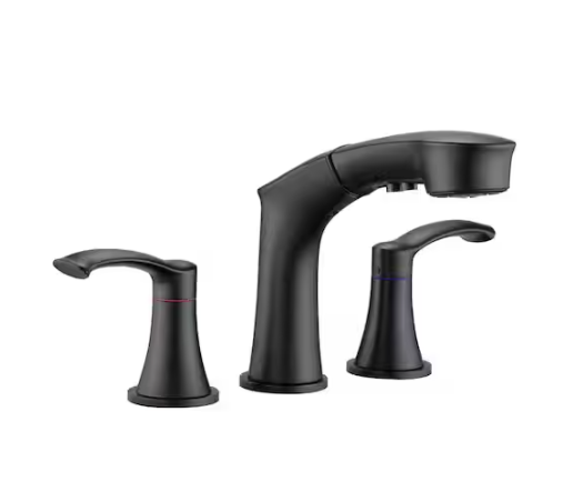 PERLIRIA INC Deck Mount Double Handles Bathroom Faucet, 8 in. Widespread 3 Hole Bathroom Sink Faucet with Pull Out Sprayer in Black