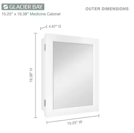 Glacier Bay 15-1/4 in. W x 19-3/8 in. H Rectangular Framed Recessed or Surface-Mount Bathroom Medicine Cabinet with Mirror, White