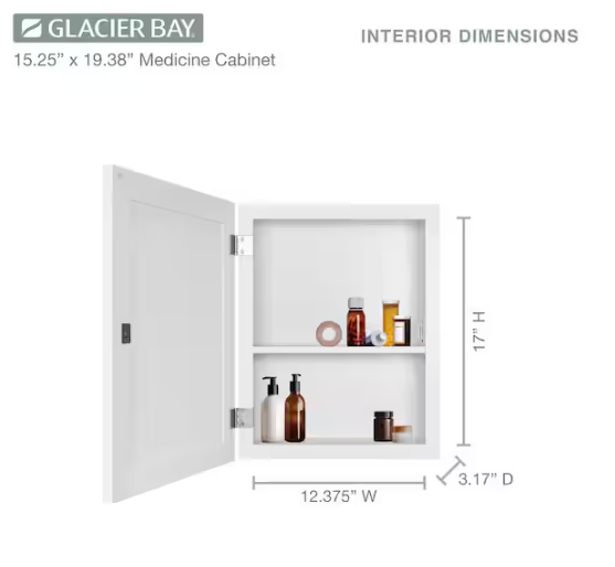 Glacier Bay 15-1/4 in. W x 19-3/8 in. H Rectangular Framed Recessed or Surface-Mount Bathroom Medicine Cabinet with Mirror, White