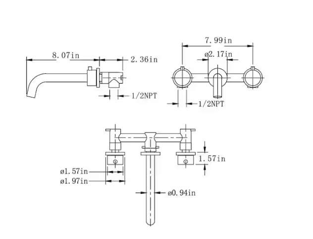 AIMADI Double Handle Wall Mounted Bathroom Faucet with Modern 3-Hole Brass Bathroom Basin Taps in Brushed Gold