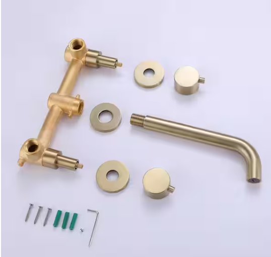 AIMADI Double Handle Wall Mounted Bathroom Faucet with Modern 3-Hole Brass Bathroom Basin Taps in Brushed Gold