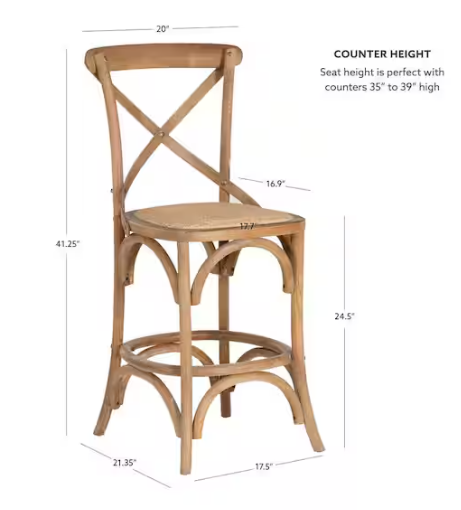 Linon Home Decor Posy 41.25 in. H Graywash High Back Wood Counter Height Bar Stool with Rattan Seat