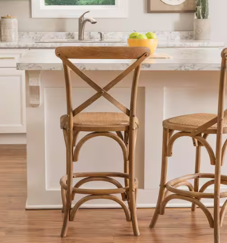 Linon Home Decor Posy 41.25 in. H Graywash High Back Wood Counter Height Bar Stool with Rattan Seat