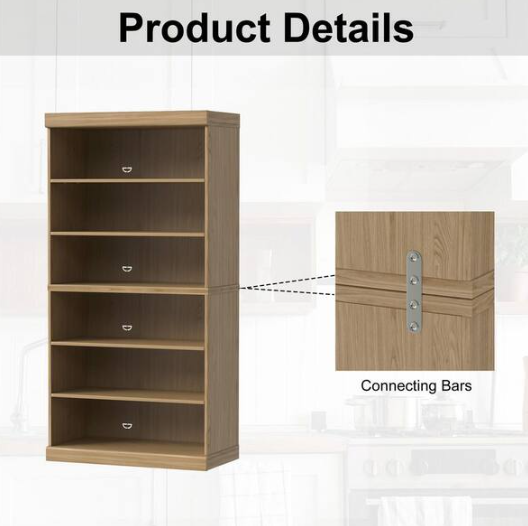 Dovelina 62 in. Tall Natural Wood 6-shelf Standard Bookcase with Adjustable Shelves