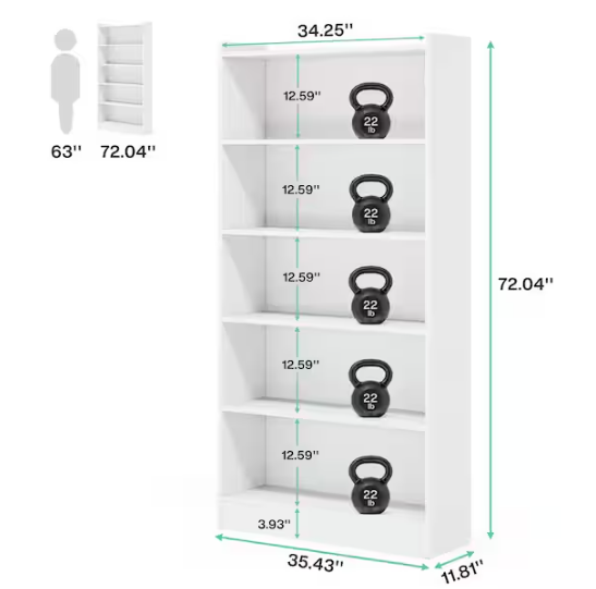 BYBLIGHT Eulas 72 in. Tall White Wood 5-Shelf Standard Bookcase and Bookshelves, Floor Standing Library Bookcase for Home Office