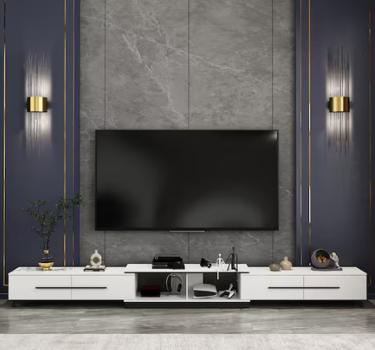 FUFU&GAGA Modern Wood White TV Media Console Entertainment Center with Adjustable Length and Drawers Fits TV's up to 100 in.