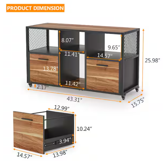 Atencio Brown 2 Drawer Wood File Cabinets, Rustic Mobile Lateral Filing Cabinet for Letter/A4 Size, Printer Stand