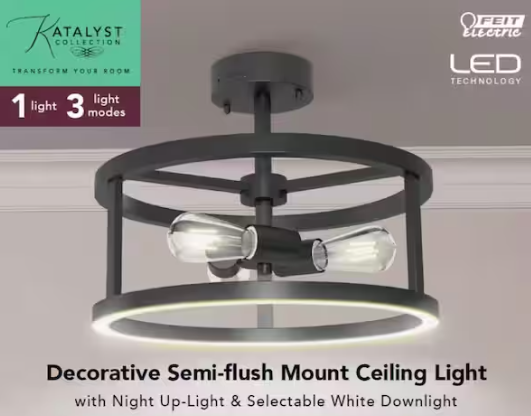Feit Electric Katalyst 15 in. 3-Light Matte Black Color Choice Selectable CCT LED with Night Light Semi-Flush Mount Ceiling Light