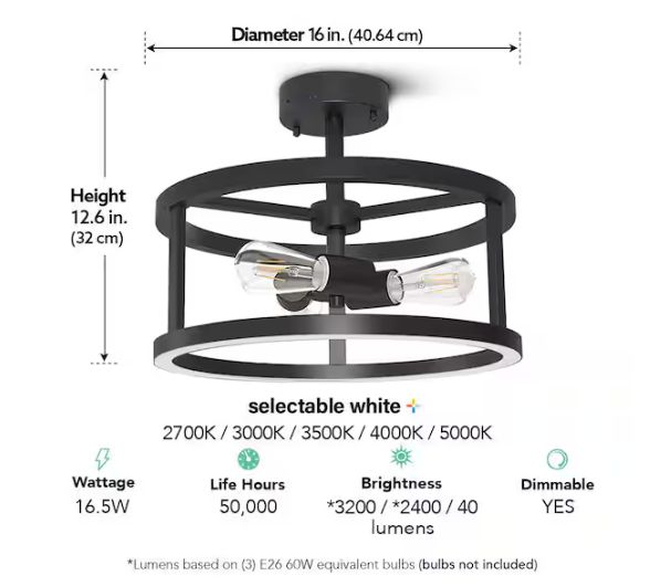 Feit Electric Katalyst 15 in. 3-Light Matte Black Color Choice Selectable CCT LED with Night Light Semi-Flush Mount Ceiling Light