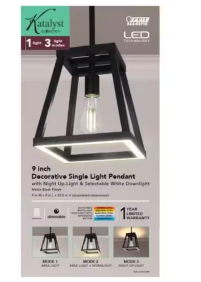 Feit Electric Katalyst 60-Watt 1-Light Matte Black Modern Adjustable CCT and 3-Light Modes Integrated LED Pendant Light