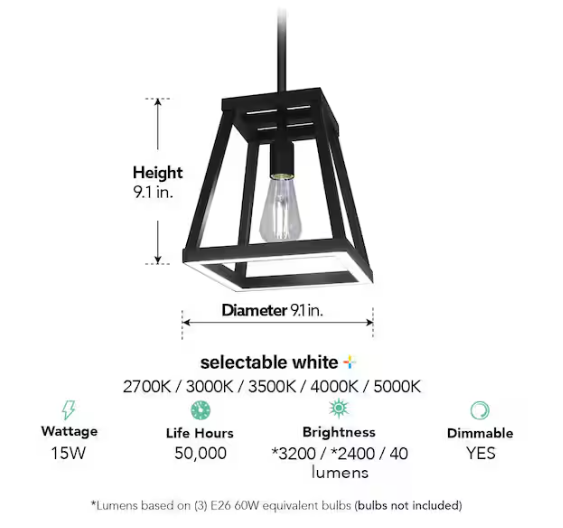 Feit Electric Katalyst 60-Watt 1-Light Matte Black Modern Adjustable CCT and 3-Light Modes Integrated LED Pendant Light
