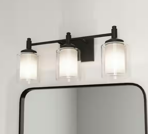 DSI LIGHTING Jaylin 22 in. 3-Light Matte Black Vanity Light with Clear and Frosted Glass Shades