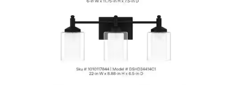 DSI LIGHTING Jaylin 22 in. 3-Light Matte Black Vanity Light with Clear and Frosted Glass Shades