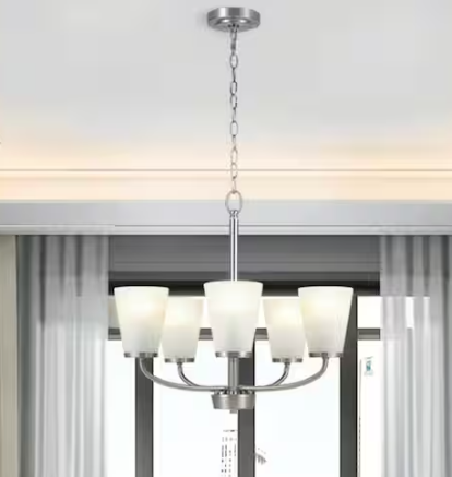 Hampton Bay Helena 21 in 5-Light Brushed Nickel Hanging Chandelier with Frosted Glass Shades for Dining Room