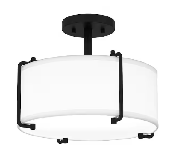 DSI LIGHTING Brookley 14 in. 2-Light Matte Black Modern Semi-Flush Mount with White Fabric Shade