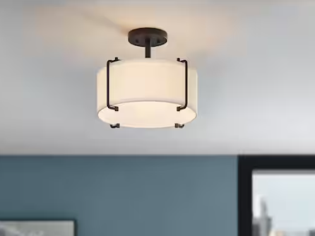 DSI LIGHTING Brookley 14 in. 2-Light Matte Black Modern Semi-Flush Mount with White Fabric Shade