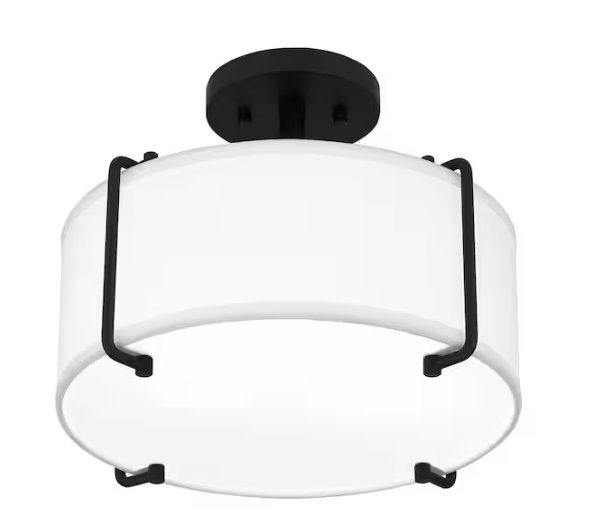 DSI LIGHTING Brookley 14 in. 2-Light Matte Black Modern Semi-Flush Mount with White Fabric Shade