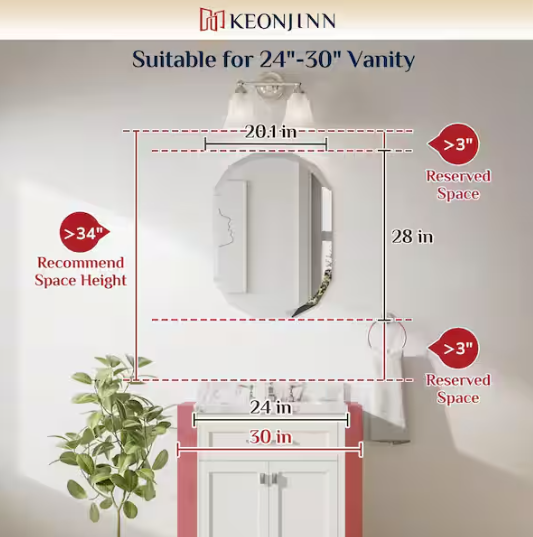KeonJinn 20 in. W x 28 in. H Oval Beveled Frameless Wall Mount Bathroom Vanity Mirror Decorative Wall Accent Mirror