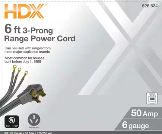 HDX 6 ft. 6/3 50 Amp 3-Prong Range Power Cord, Grey