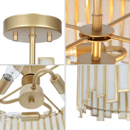 LNC Modern 12.5 in. 3-Light Gold Drum Semi-Flush Mount with White Stained Glass Shade, LED Compatible