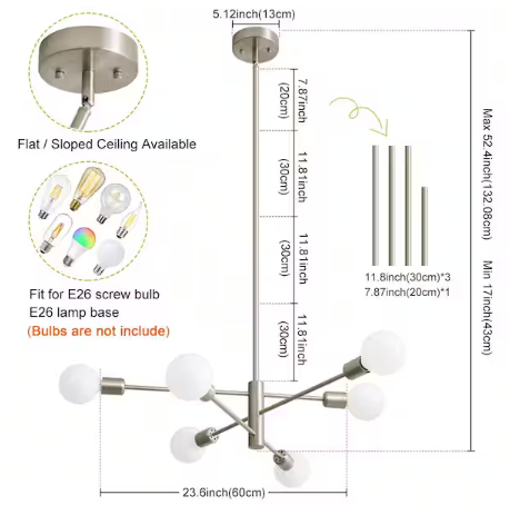 Deyidn 6-Light Vintage Nickel Sputnik Chandelier for Living Room, Mid Century Ceiling Lights without Glass Shade and Bulb