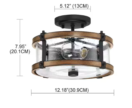 1-Light Vintage Black Brown Farmhouse Rustic Chandelier with Clear Seeded Glass Shade